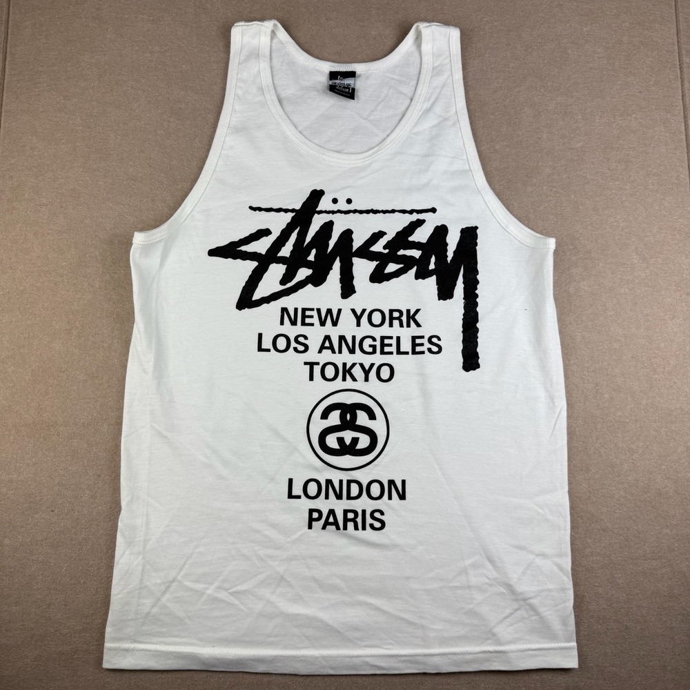 Stussy World Tour Tank Top Mens M White Cities Logo NY LA Tokyo Paris Tee